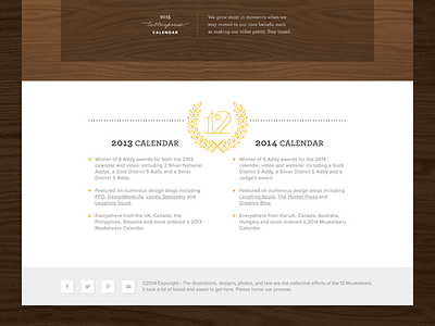 12 Musketeers - 2015 Site - Bottom blue calendar grain letterpress paper script ui ui design web design website wood yellow