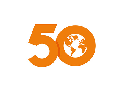 Fifty 50 anniversary lettering orange shadow world