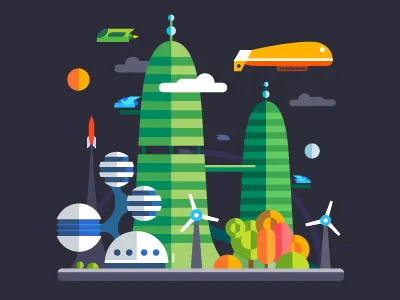 Landscape of the future aircraft flat future illustration landscape rocket technology vector