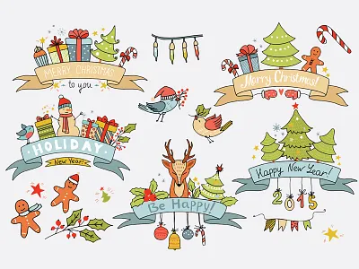 Christmas Vintage set banner christmas merry christmas new year ribbon set vintage xmas