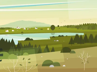 Country scape clouds fields forest illustration lake scape sky view village