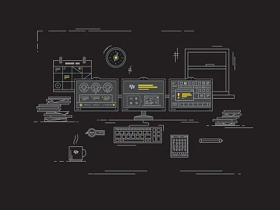 Messy desk desk illustration monitor thin lines