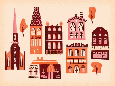 Buncha houses breaking and entering church houses illustration pink purple trees