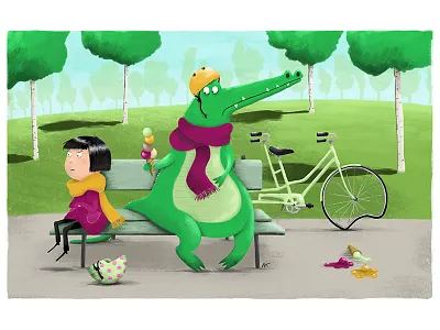 Still friends? crocodile digital girl ice cream illustration park