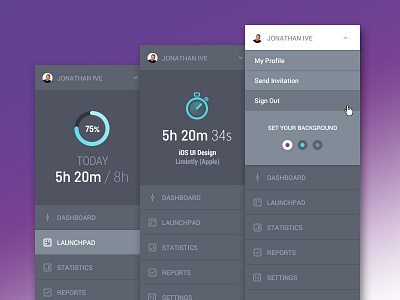 App Sidebar application dark dropdown menu profile progress sidebar time ui