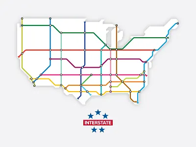 Interstates as Subway Map (Simplified) adobe illustrator highways interstates map subway map transit map usa