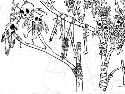 Witch Doctor Lab - Work In Progress bones branches feathers illustration photoshop skull tree voodoo wip