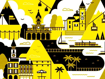 Locarno boat building clouds palm ski lift town trees umbrella vector yacht