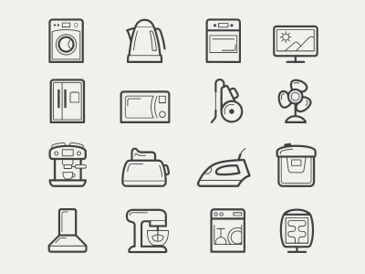 Home appliances icon set cup dmitry kalabin home appliances icon kit8 line oven set stove plate teapot washing machine wireframe