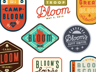 BLOOM Logo Explorations arrows badges camping diamonds fire logo scouting typography wilderness