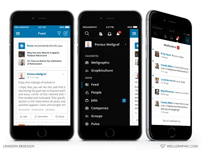 LinkedIn Redesign - Mobile Feed, Menu, Notifications animation concept free linkedin motion graphic redesign social media ui user interface ux web design
