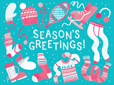 Season's Greetings holidays illustration long johns mittens seasons greetings snow stationery sweaters