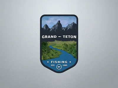 Grand Teton Fishing Badge badge fishing grand illustration logo mountains outdoors patch river stream teton