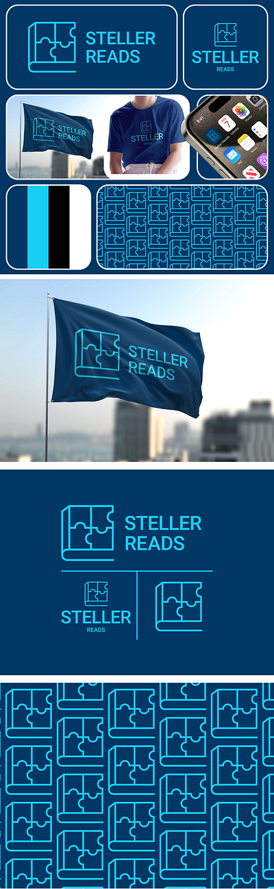 Steller Reads Logo and Brand Style guide. Puzzle of knowledge. library