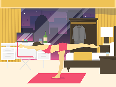 Yoga city computer desk exercise flat illustration minimal skyline yoga