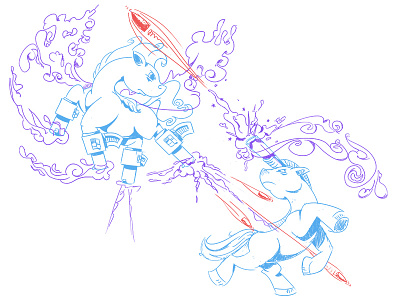 Unicorn Vs Pegasus cartoon draft draw drawing gun illustration machine pegasus shotgun sketch unicorn wip