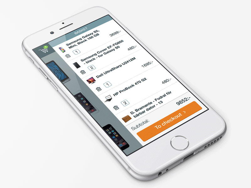 Encouraging checkout button animation basket e commerce gif iphone 6 iphone6 mobile mockup scroll shopping cart side drawer transition
