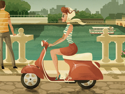 Bon Voyage character europe illustration italy postcard scarf texture travel vespa vintage woman