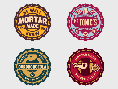 Mortar Made Bottle Caps badge beverage bottle caps drink plague snake soda