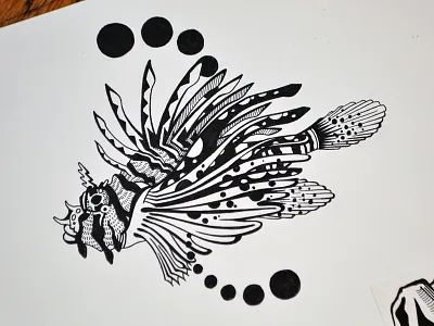 Lionfish black and white bw drawing fish illustration ink lionfish