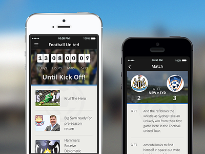 Countdown, Livegame & Newsfeed app football football united ios newcastle paperkite soccer sydney fc tour ui design wellington phoenix west ham