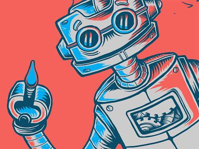 Robot! blue graphic holiday illustration red robot toys vintage