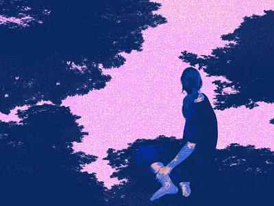 A study in Blue blue character graphicdesign illustration japan linework nature pink portrait shadow surreal texture tree woman