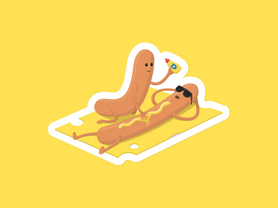 Hot dog (?) beach cheese hot dog mustard ocntest playoff sausage sticker mule summer sunbathing