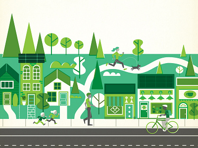 Neighbourhood café community cycling illustration lifestyle park people recreation retro street vintage walking