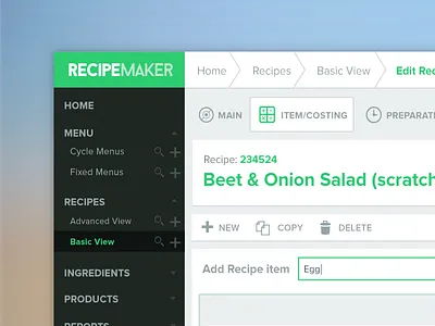 Recipe Manager UI clean dashboard food fresh green management recipe