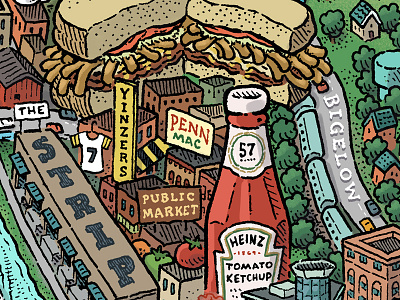 Pittsburgh Map Detail: The Strip heinz illustration map mario pittsburgh primantis roethlisberger the strip yinzer zucca