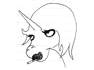 Unicorn with a Cigarette character drawing illustration pen sketch