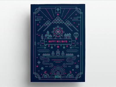 2014 Holiday Greeting Card christmas flat graphic design greeting card holiday icon illustration line art print village winter xmas