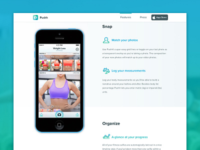 Pushh Website before and after fitness one page progress pushh selfie transformation website
