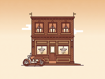 Barber Shop brick building design flags flat illustration motorcycle stroke vector