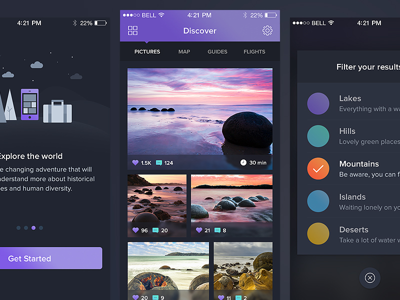 Night&Travel UI Kit WIP P1 dark feed filter flat freebie gallery illustration ios sketch travel ui walkthrough