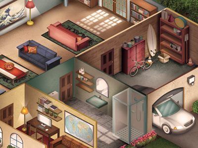 Where your heart is bathroom car digital painting door garage home house illustration isometric rooms study vector