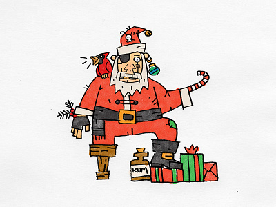 Old Scurvy Claus bottle of rum cardinal christmas gifts hand drawn holiday illustration ornaments pirate santa scurvy yo ho ho