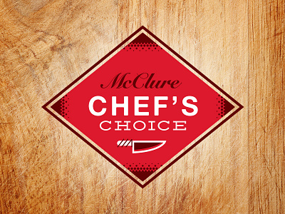 Chef's Choice brand cutting board eclectic halftone icon knife label product red seal wood