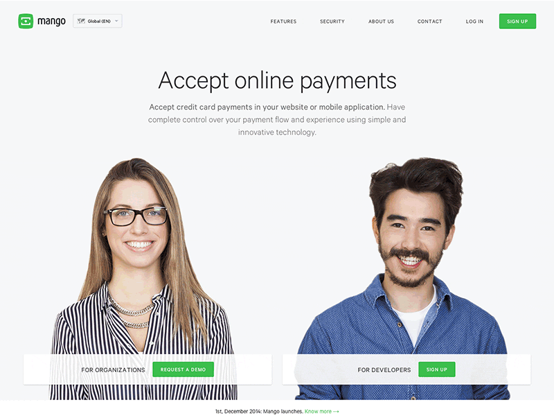Mango: Available Today! about contact features landing marketing payments security signup