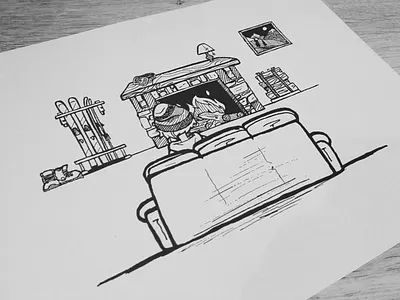 poww. fireplace black chalet couch fire fireplace illustration skis white winter wip