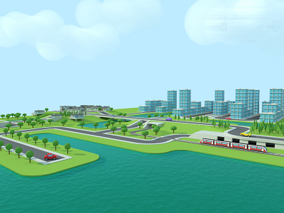 Landscape and city composition 3d city environment landscape lowpoly train water