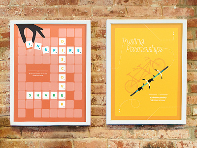 Barrel Core Values Posters: Inspire + Trusting Partnerships color design games illustration inspire poster series scrabble tandem bike