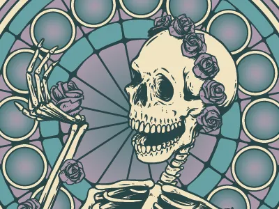 Grateful Dead Tribute Band Gig Poster 3 bones dead gig poster gradients grateful dead halftones illustration pattern radial roses skeleton skull