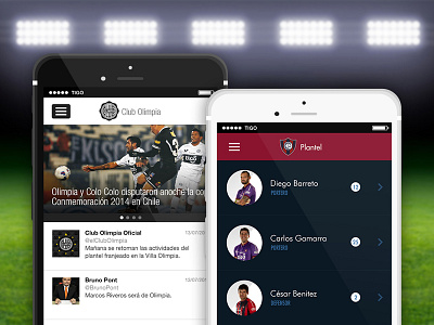 Apps Club Cerro Porteño & Club Olimpia app ball field football grass lights mobile players profiles soccer sports team
