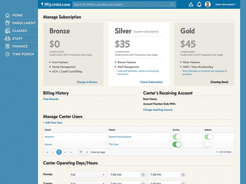 Sky Child Care Subscription / Administration Screen administration application child care dashboard manage subscription ui ui design user interface