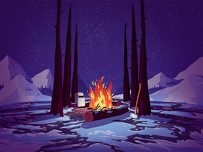 Porter axe beer beer label camp fire fire illustration label logs snow trees winter