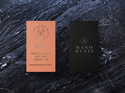 Mano Muniz Hairdresser black business card card foil haircut logo m m m marble monogram negative scissor