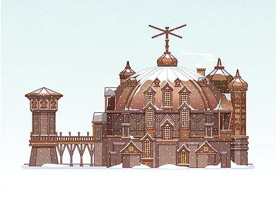 Santa’s Workshops In The Cinema building christmas design flat illustration snow stoke vector