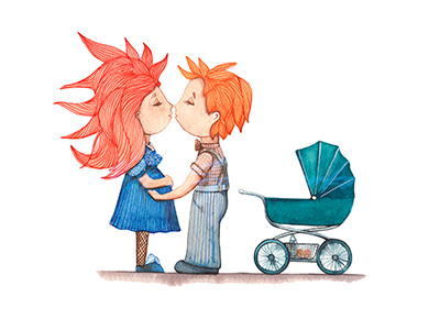 Boy and girl kissing baby boy celebration child family feelings girl illustration invitation love postcard watercolor